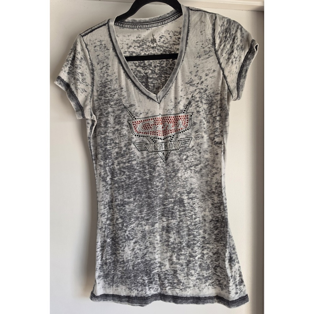 Disney Cars Land T-Shirt Womens L Grey Black V-Neck Short Sleeve Burnout Tee Top